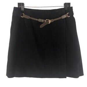 Isaac Mizrahi Black Corduroy Wrap Skirt Size 14 w/ Brown & Gold Belt Equestrian